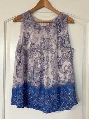 Daniel Rainn Sleeveless Chiffon Blouse L Large Purple Paisley Blue Border Lined